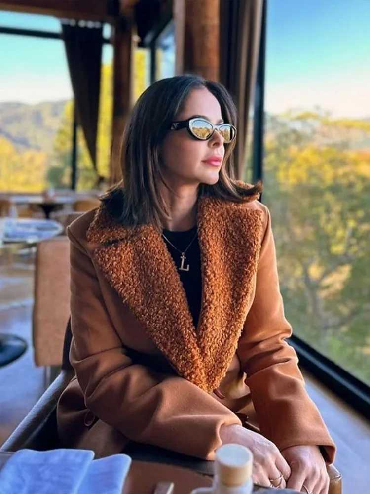 Womens Brown Lamb Wool Patchwork Midi Jacket Fashion Solid Lapel Double Breasted Warm Coat Autumn Lady Commute Office OutwearsX241018