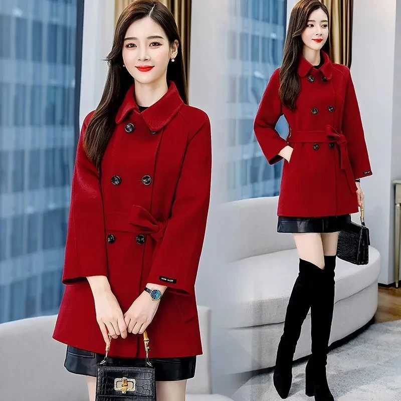 Fashion Double Breasted Red Woolen Jacket Womens Coat Tops New 2024 Spring Autumn Korean Woolen Blend Windbreaker OuterwearX241009
