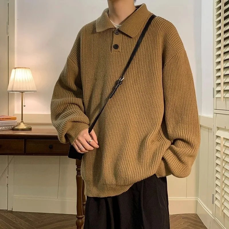 Polo Neck Oversize Men Knit Sweater Vintage Brown Casual Winter Long Sleeve Fashion Warm Streetwear Tops Pullovers 241018