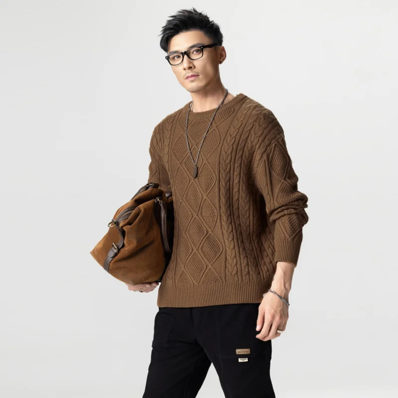 American retro knit sweater men loose round neck twisted casual tops lazy wind versatile Large size 241018
