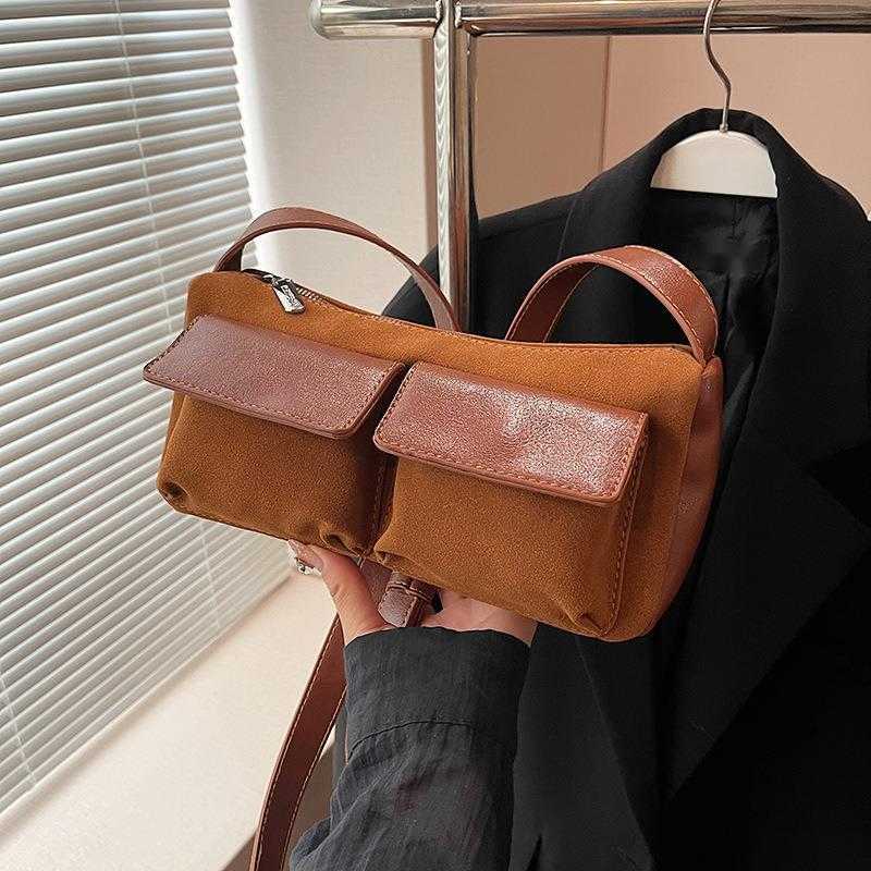 CMM Autumn and Winter New Niche High End Texture Double Pocket Suede Underarm Bag Contrasting Splicing Versatile Single Shoulder Crossbody Bag
