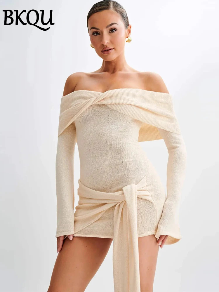 BKQU Knitted Off Shoulder Mini Dress Women Bodycon Lace Up Party Dress Autumn Winter Elegant Long Sleeve Ruched Sweater Dresses 241017