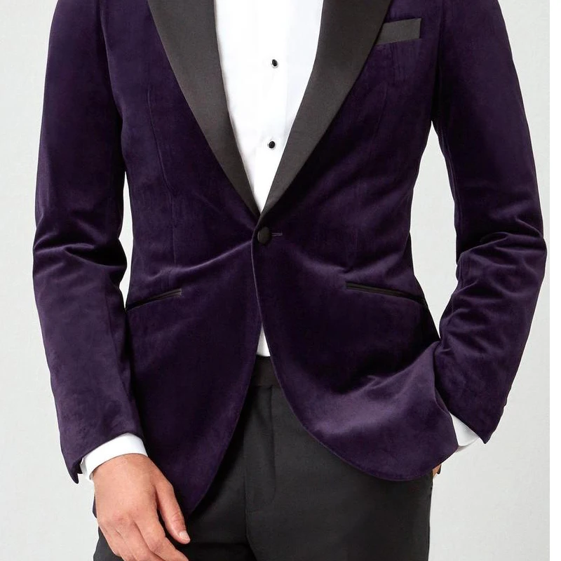 2 Pieces Velvet Men Suits for Prom Wedding Tuxedo for Groomsmen Purple Dinner Blazer with Black Pants Male Fashion Costume