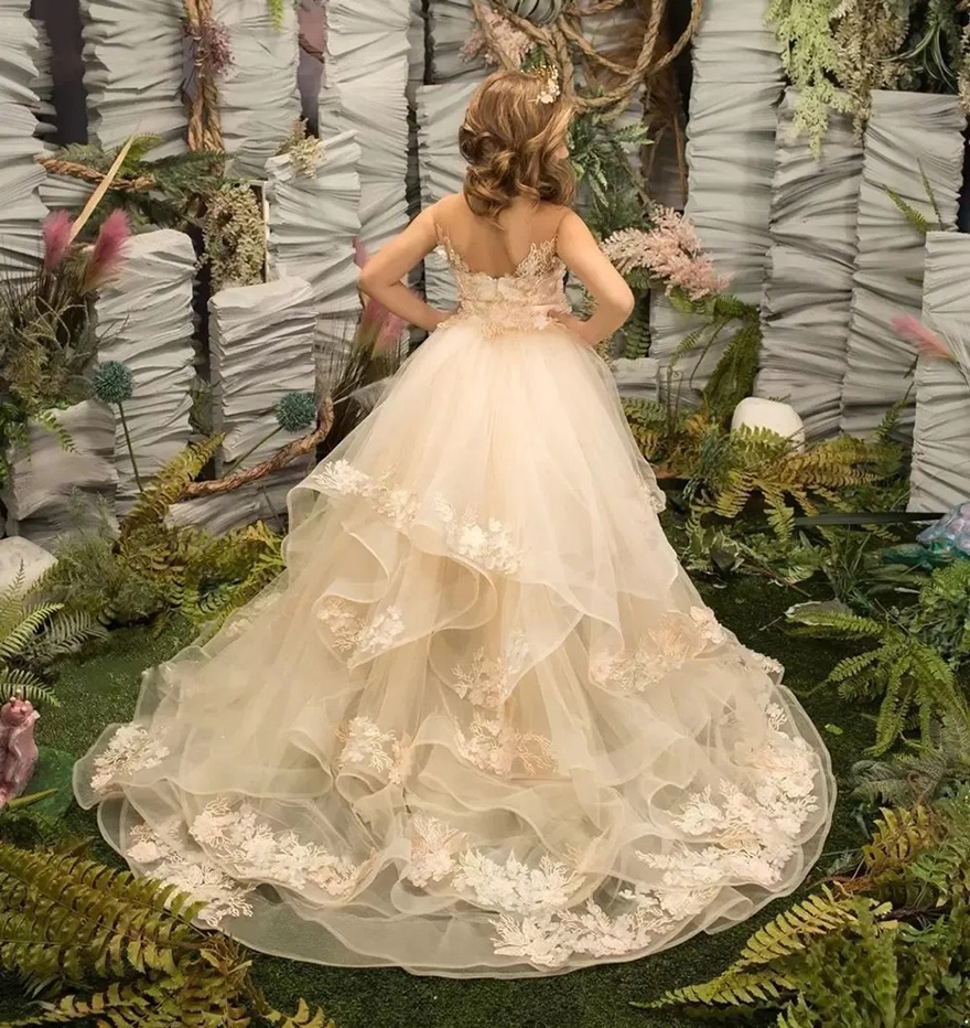 Sheer Neck Flower Girls' Dresses Applique Lace Short Kids Formal Wedding Party Wear with Ruffles Tulle Detachable Train Pageant Gowns