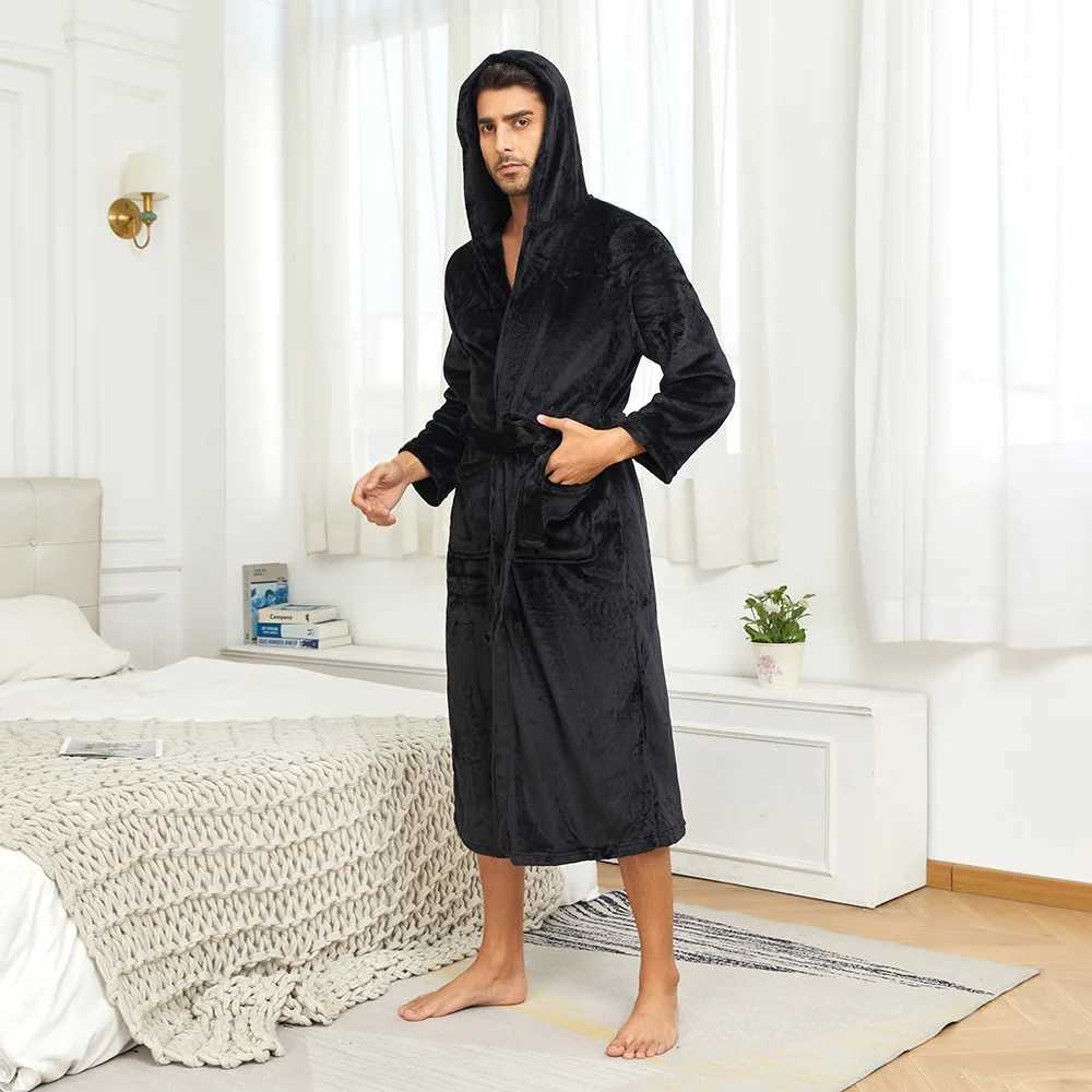 Solid Color Hooded Kimono Shower Robe for Men Autumn Winter Warm Shower Bathrobe Gown Soft Home Clothes with Pocket NightgownXJ241018