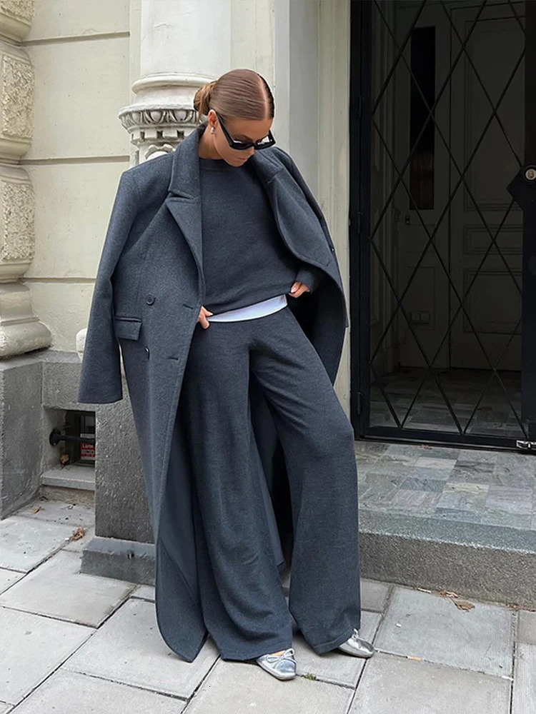Retro Turn Down Collar Long Coat Women Autumn Solid Sleeve Maxi Coats Female Elegant Chic Oversize Double Breasted Outwear 241018