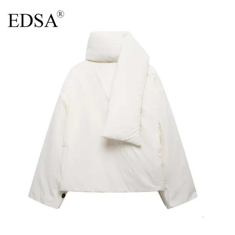 EDSA Women Crop Parkas Quilted Jacket White Black Outerwear Short Padded Removable Scarf Warm Winter 241018