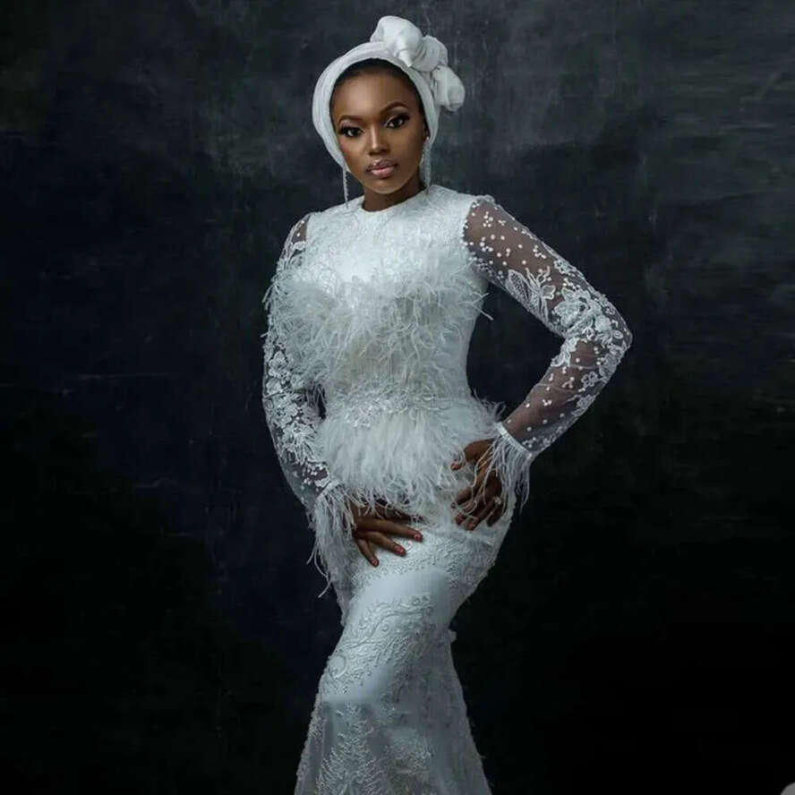 Mermaid Sleeve Feather Long White With Dress Jewel Beads Applique Lace Formal Ocn Custom Made Or Length
