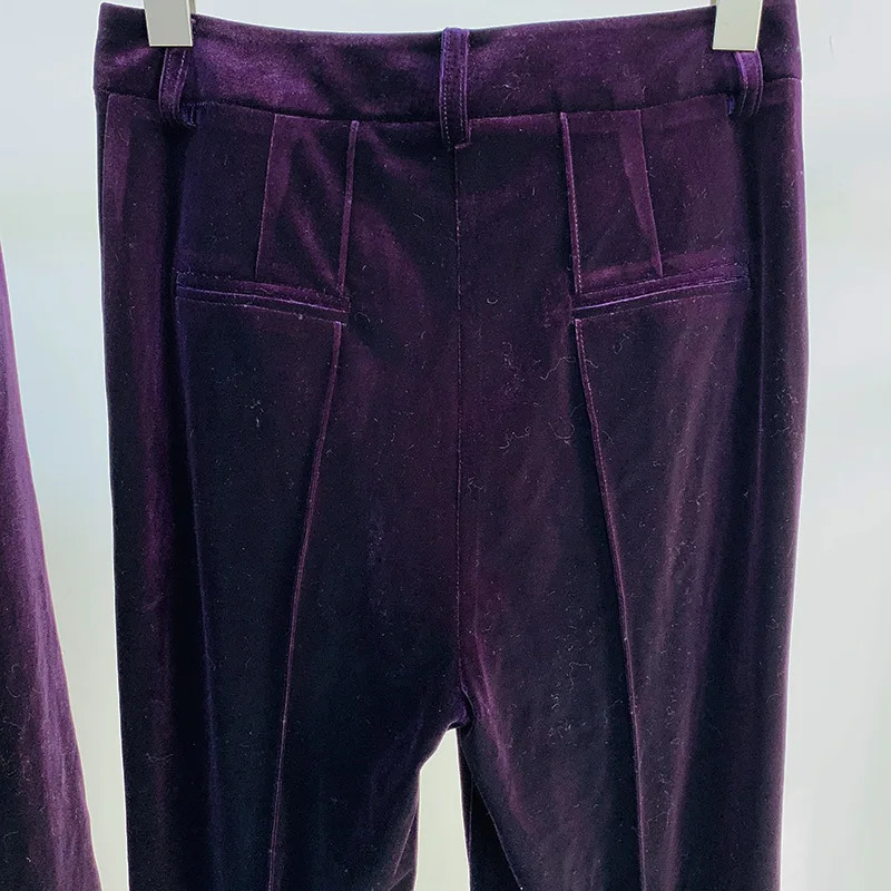 Velvet jacket womens set purple brown autumn and winter item one button jacketflame pants twopiece office 241009