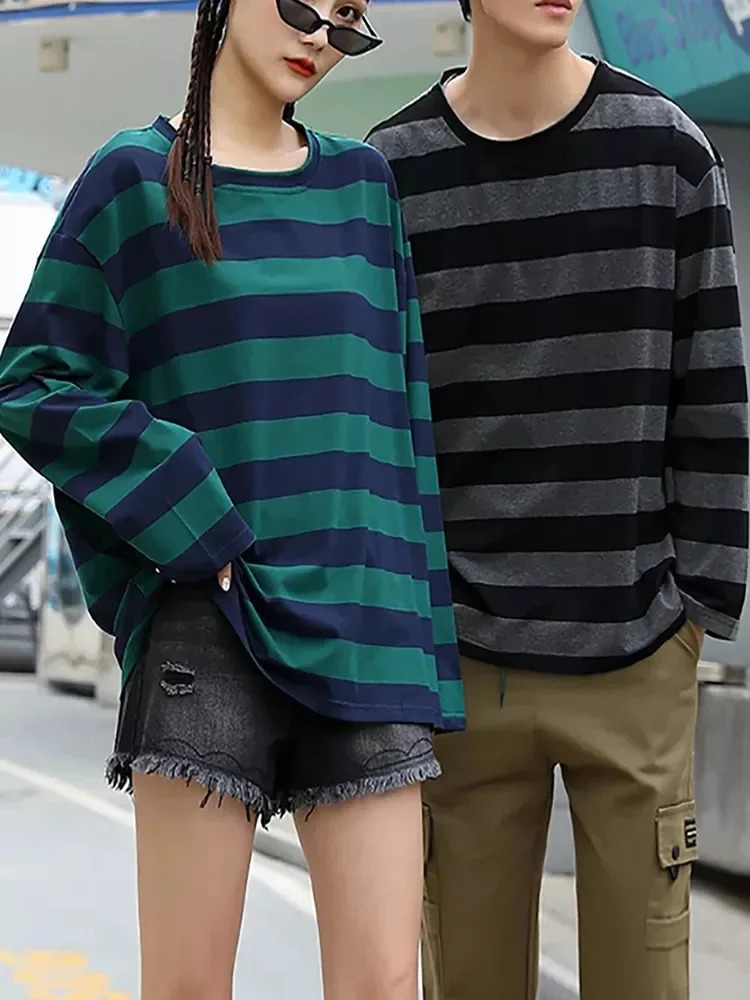 Striped Shirt Streetwear Harajuku Couple Tops Female Long Sleeve Gothic Shirts Spring Woman Tshirt Vintage Blouse 241018