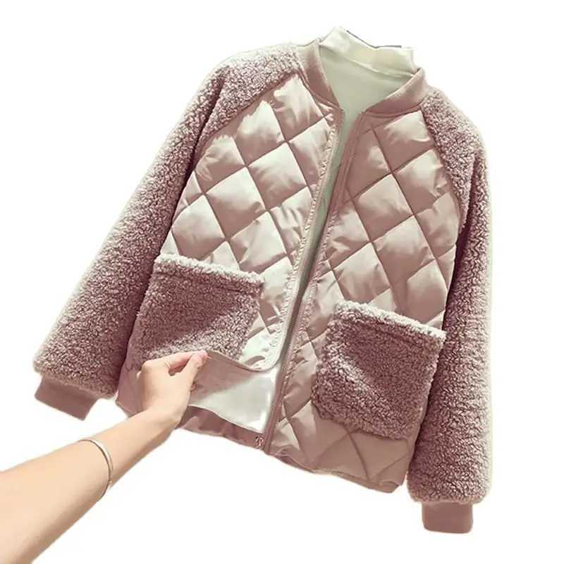 Women Jacket 2023 New Lamb Wool Stitching Large Size Cotton Coat Spring Autumn Outwear Loose Overcoat Female Tops X241018