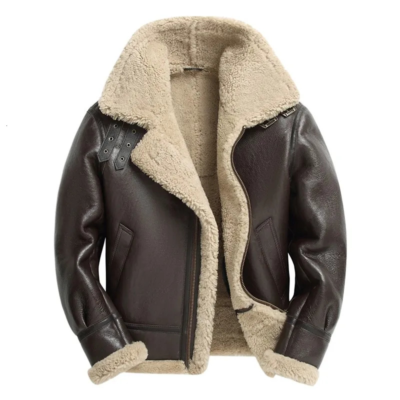 Mens Real Fur Classic Brown Black Bomber Jacket Winter Shearling Sheepskin Coat Men Genuine Leather Biker Jackets Large Size 6XL 241018