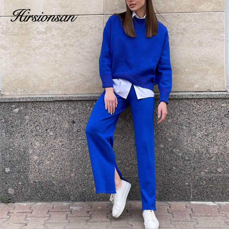 Hirsionsan Winter Thick Women Suits 2 Pieces Cashmere Female Sets O Neck Sweater & Wide Leg Pants Soft Knitted Track Suit