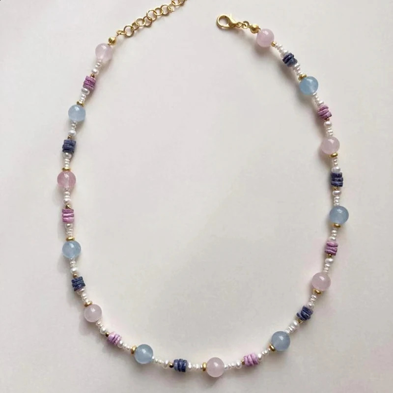 Summer Bohemian Natural Stone Necklace Mixed and Matched with Small Freshwater Pearls Exquisite Necklace Sweet Gold Plated Charm Jewelry 241018