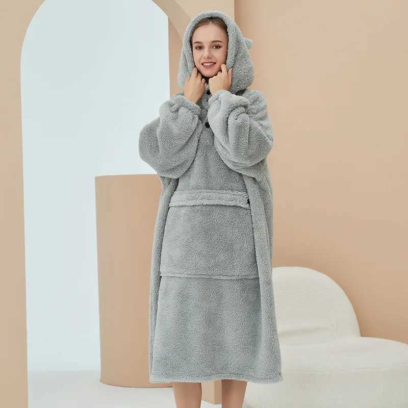 Unisex Robes Men Winter Dressing Gown Winter Warm Fleece Robe Pullover Hooded Women Winter Dressing Gown Robes Soft BathrobeXJ241018