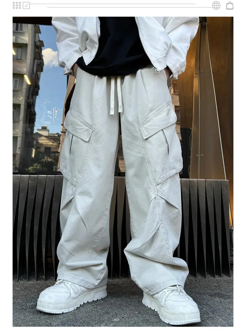 Vintage Straight Leg Pants For Men 100% Cotton Wide Cargo Pant Casual Baggy Large Pockets Paratrooper Trousers Streetwear 241018