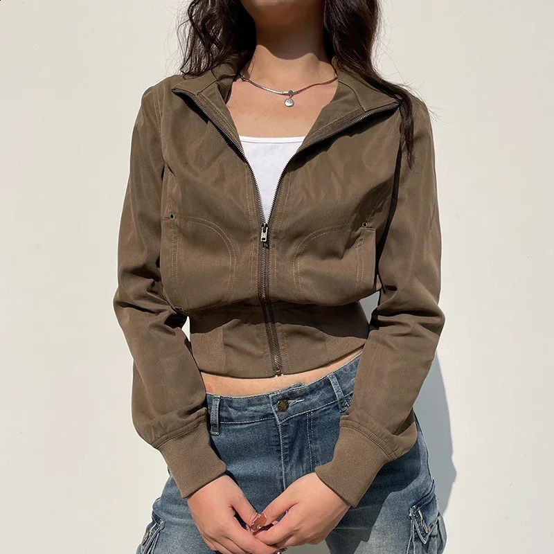 Casual Long Sleeves Pockets Cargo Coats Vintage Solid Slim Jackets Y2K Fashion Streetwear Aesthetic Zip Up Clothes 241010