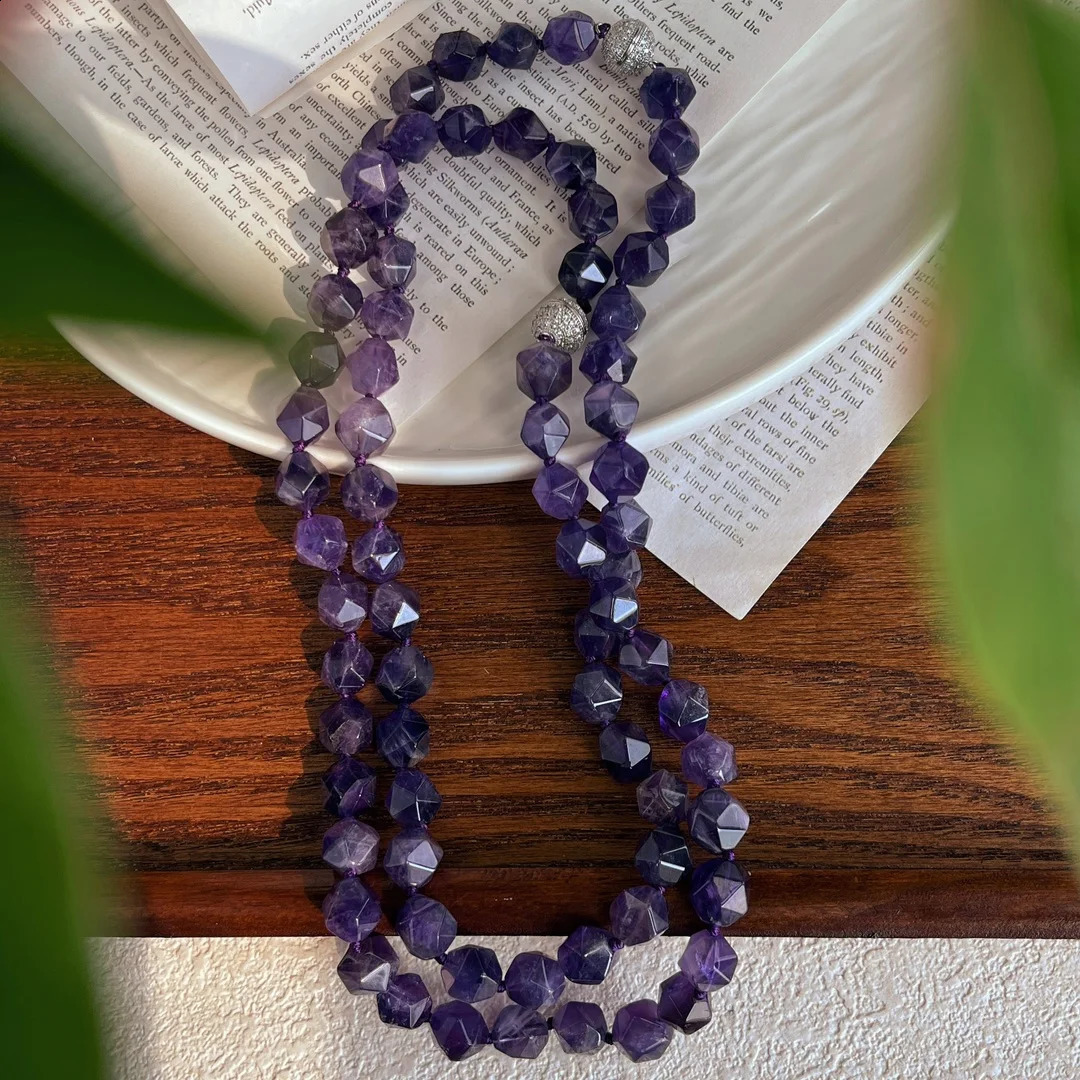 A womans necklace. Natural 10mm amethyst with irregular particles. Enchanting jewelry. Fashion accessories. The gift. 241018