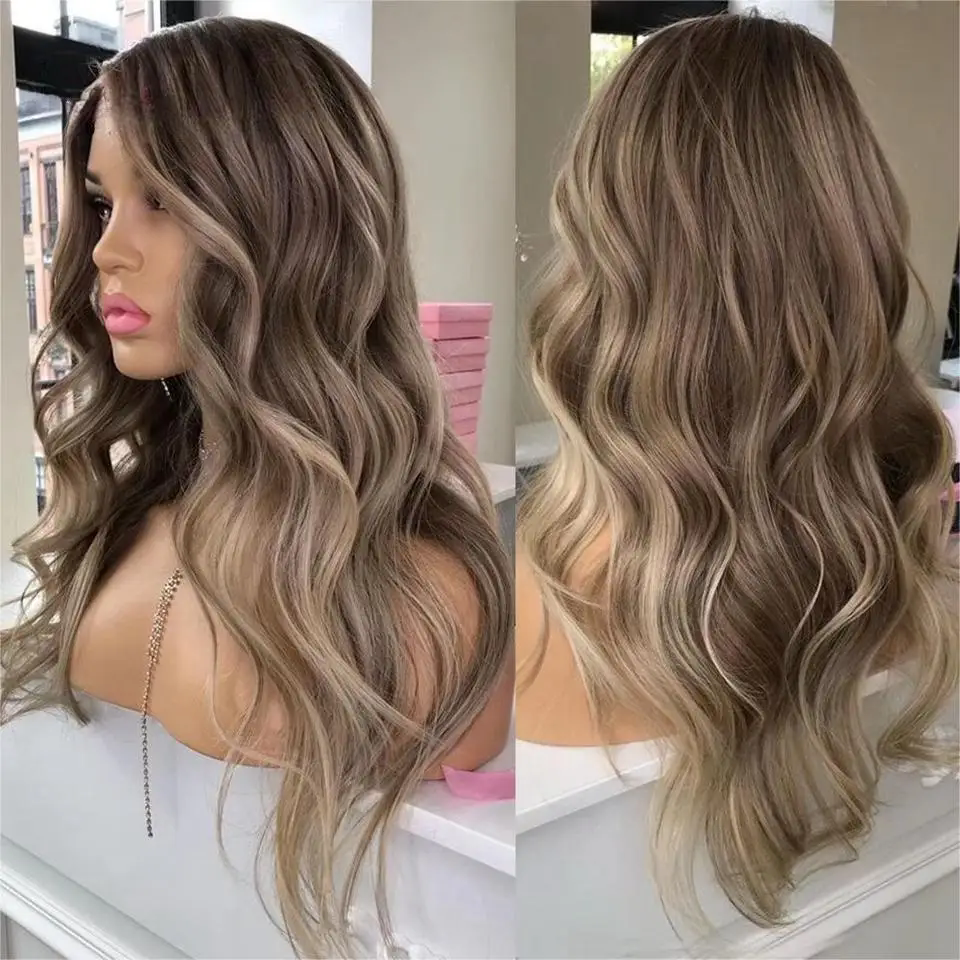 13x4 Lace Front Human Hair Wigs Ash Blonde Body Wave Human Hair Brown Highlight Wig Transparent HD 5x5 closure Lace Frontal Wig For Woman