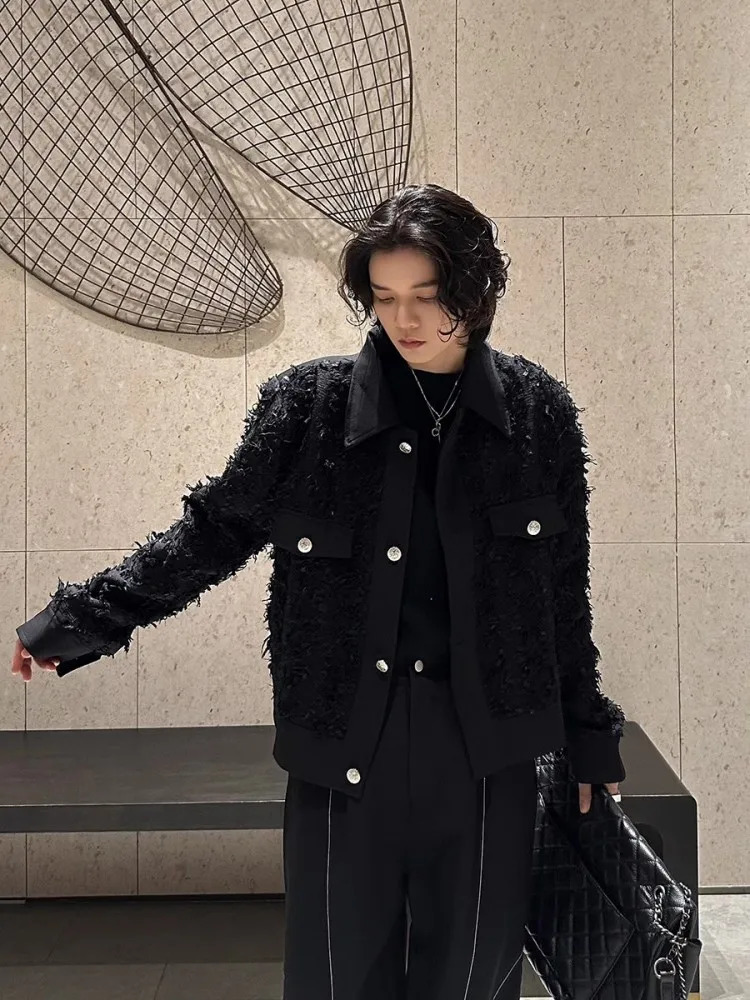 Fashion Mens n Tassels Black Jacket Single Breasted Loose Fit Casual Outerwear Long Sleeve TurnDown Collar Short Coat Male 241018