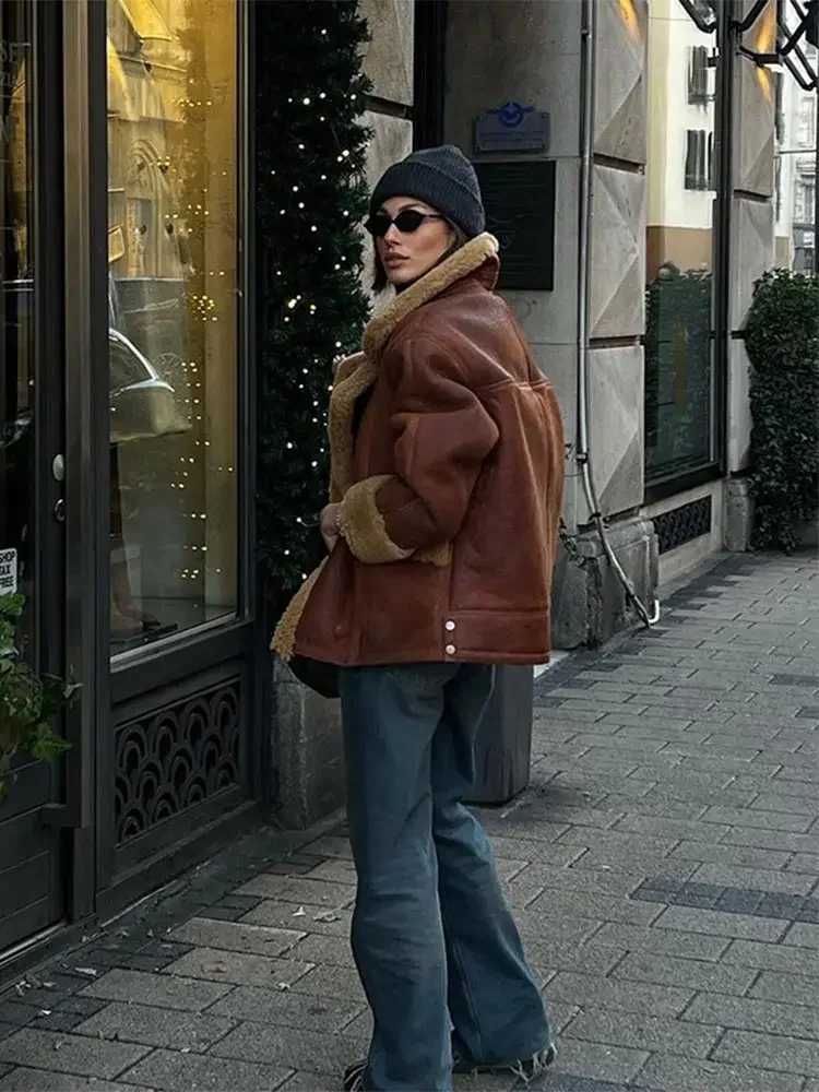 Retro Lapel Lamb Wool Lined With Thickened Suede Jacket Women Fashion Brown Long Sleeve Pocket Warm Coat Lady New Winter OutwearX241018