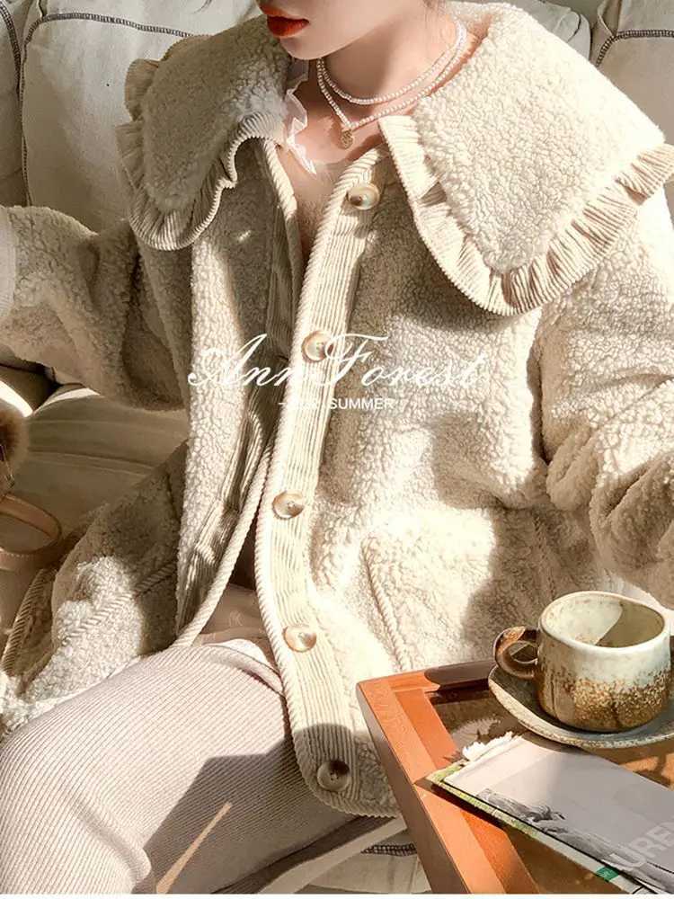 Loose Cute Lace Ruffled Collar Doll Plush Coat Wool Jacket Autumn Winter Lamb wool coatX241018