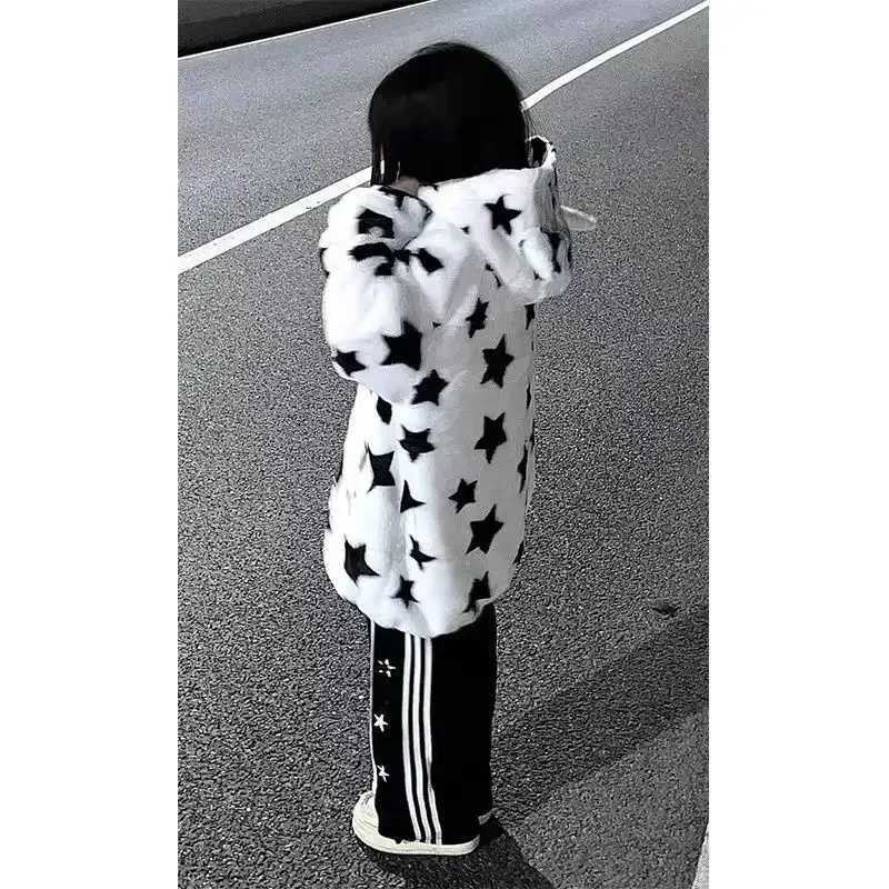 Harajuku Lamb Coat Jackets For Women New American Demon Star Print Velvet Thickened Suede Hoodies Goth Y2k Women ClothingX241018
