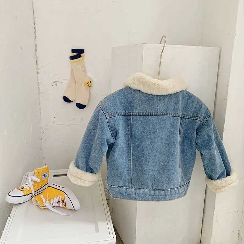 Childrens denim jacket new girls plush and thick denim jacket Korean boys baby cotton jacket autumn and winter clothing M241018