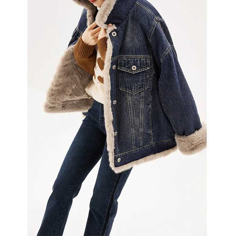 Thickened Denim Wool Jacket Short Velvet Womens Clothing Imitation Lamb Wool Retro Denim Clothing 2024 Autumn and Winter NewX241018