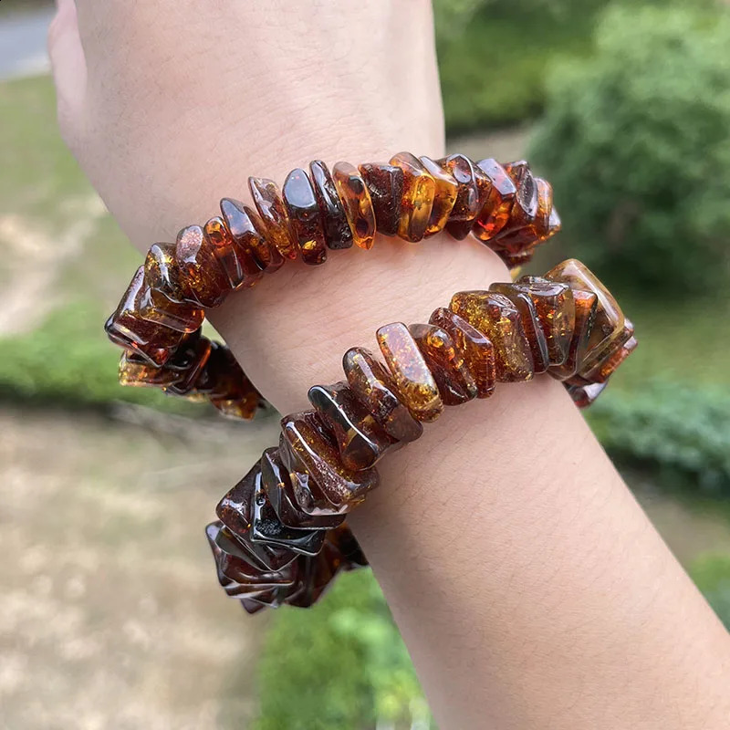 Large amber bracelet suitable for unisex unique natural genuine Piebald plants square irregular Diy beads exposed jewelry supplier 241018