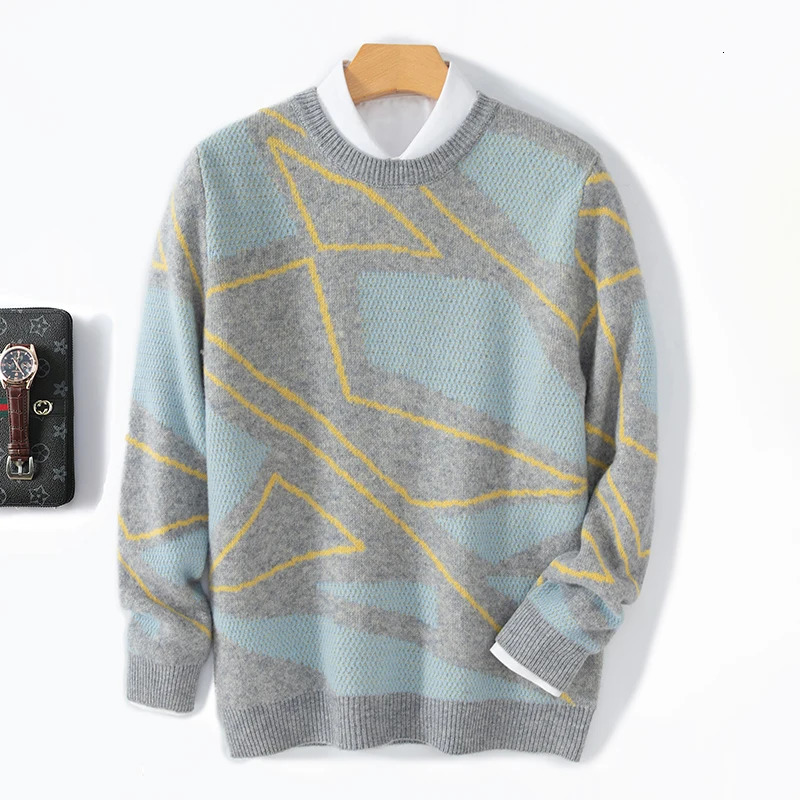 100% pure wool mens Oneck thick color matching sweater autumn and winter business casual loose knit cashmere 241018