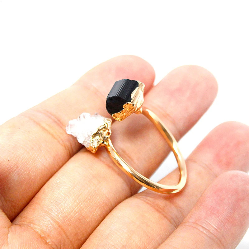 Irregular Druzy Quartz Stone Black Tourmaline Open Ring Boho Golden Handmade Raw Crystal Finger Jewelry Resizable 241010