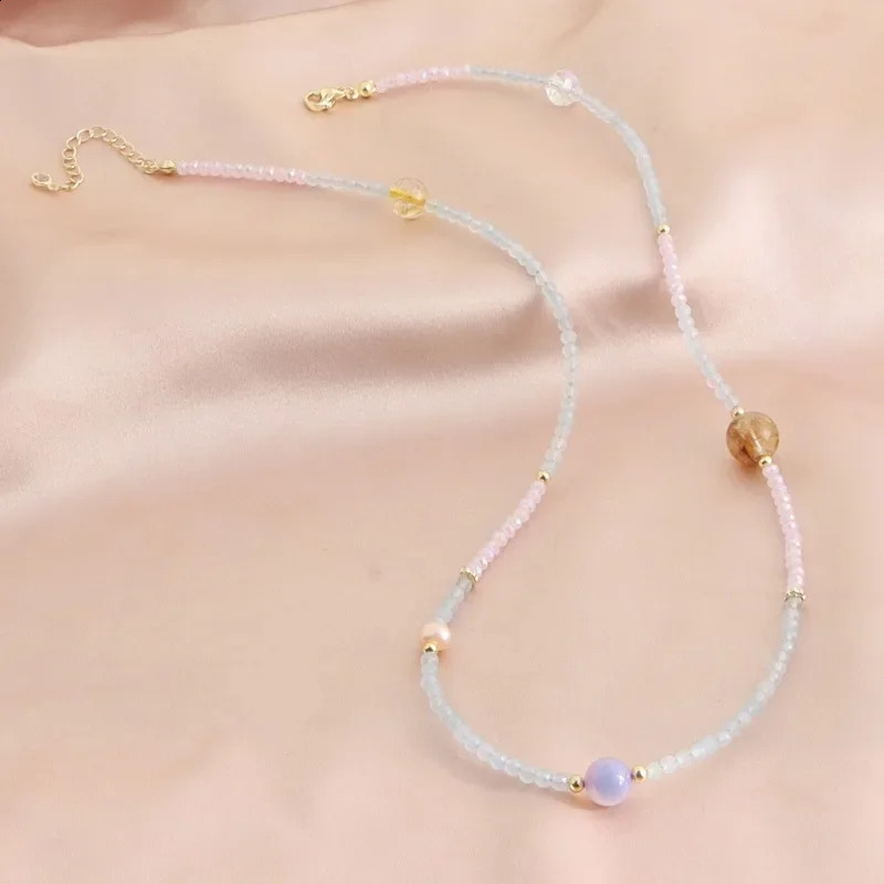Minar Retro multi-color natural stone crystal aquamarine gemstone freshwater pearl three-layer bead chain bracelet 241018