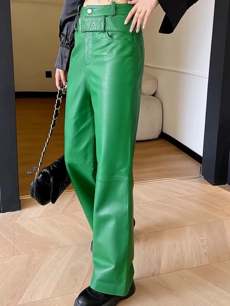 Autumn womens high waisted waistband wide leg straight pants sheepskin real leather pants casual street clothing long goods Trousers 4XL 241018