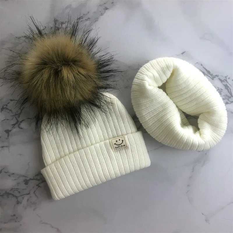 Winter Unisex Faux Fur Pompon Hat Scarf For Kids Boys Girls Knitted Baby Caps With Pompom Bonnet Childrens Accessories LX241018