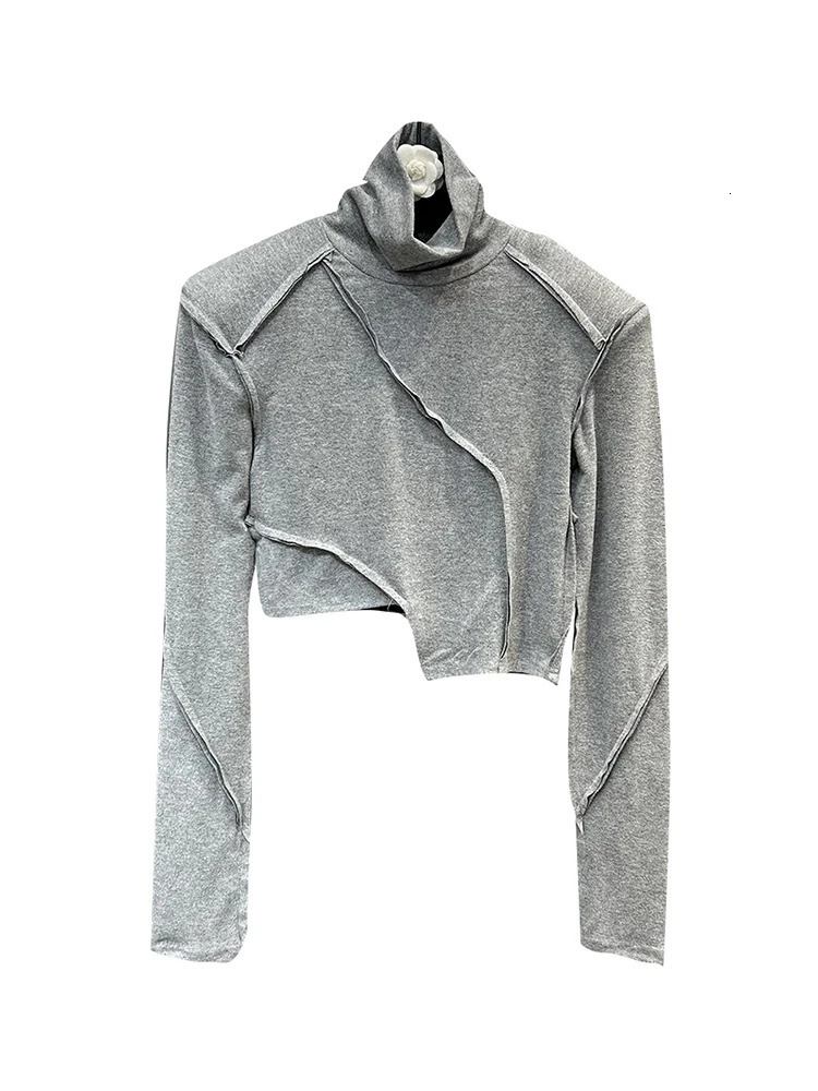 DEAT Fashion Black Womens Shoulder Pad Patchwork Tshirt Autumn Turtleneck Long Sleeves Pullover Top Female 11XX6290 241018