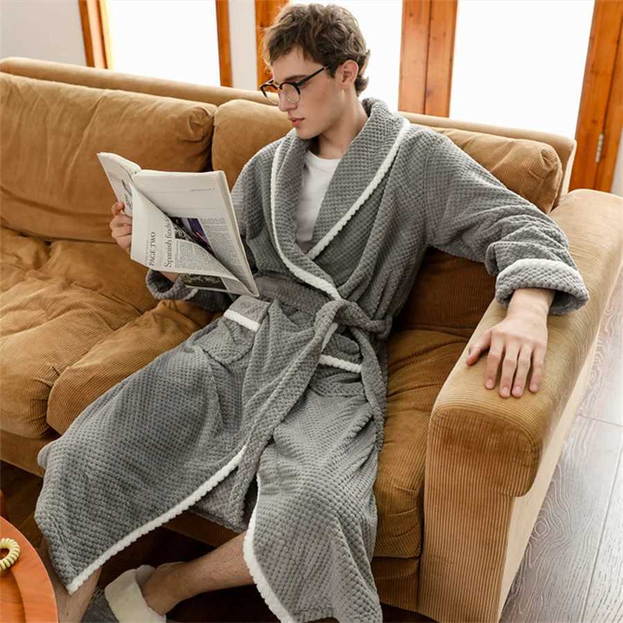 Warm Autumn Winter Flannel Men Bathrobe Thick Long Night Sleepwear Velvet Kimono Robe Mens Clothing Homewear Dressing GownXJ241018