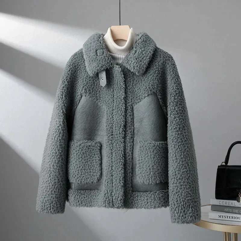 2024 Autumn Winter Lambswool Jacket Womens Chic Splice Lamb Wool Coat Tops Women Korean Bomber Wool Outwear Woman Suede JacketsX2410