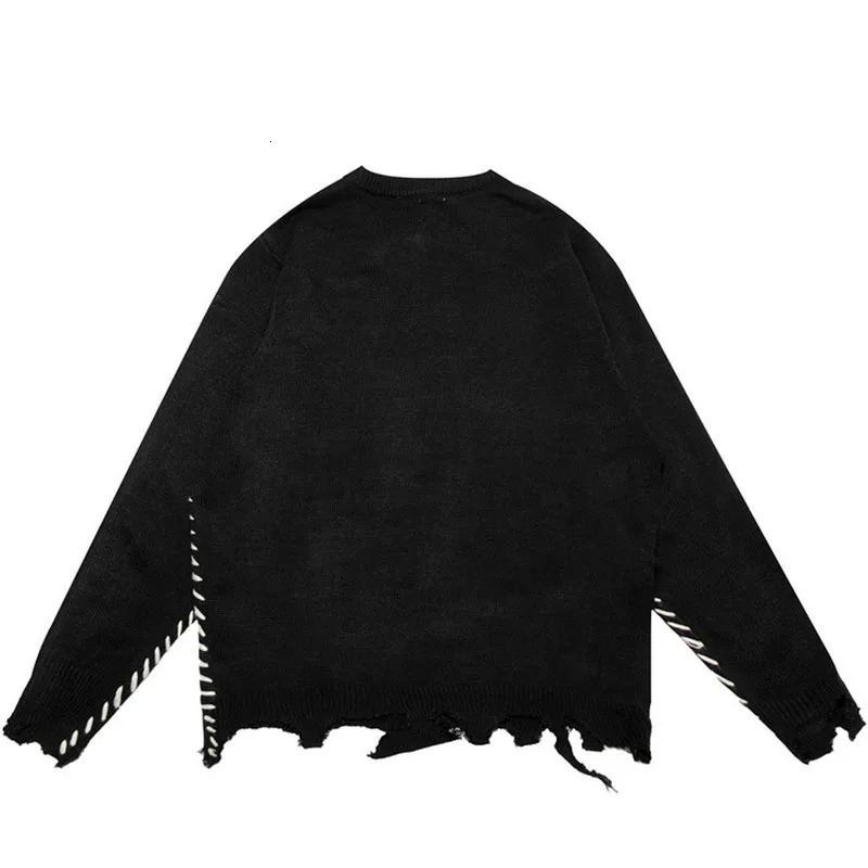 Black Letter Embroider Sweater Men Irregular Tassel Damaged Oversize Loose Pullover for Male 241018