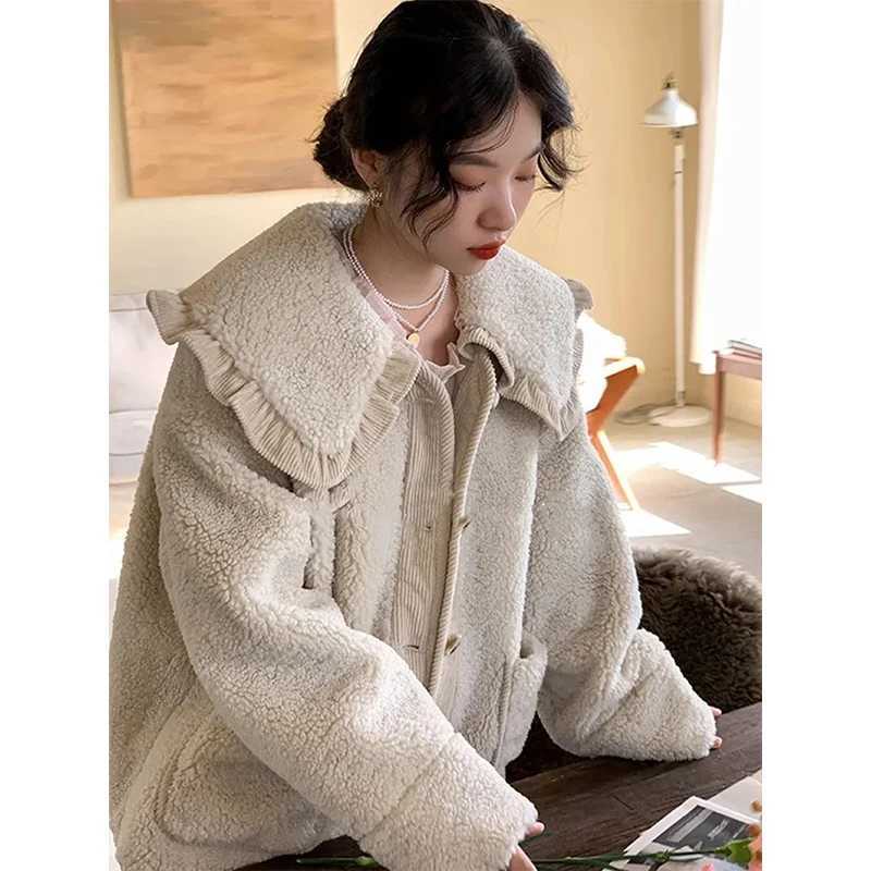 MEXZT Sweet Lamb Wool Coat Women Kawaii Peter Pan Collar Plush Jackets Korean Cute Thick Ruffled Patchwork Chic Outwear Tops NewX241018