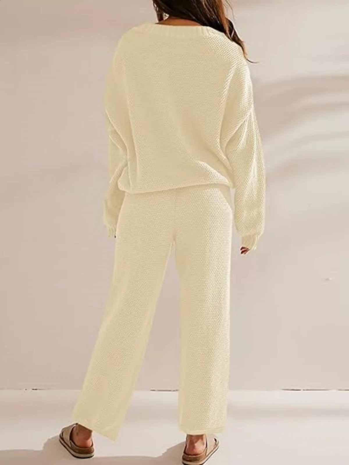 Solid Knit 2 Piece Sets Women Outfit V Neck Single Breasted Cardigan Sweater Tops Wide Leg Pants Casual Loose Fit Long Pant Sets 241017