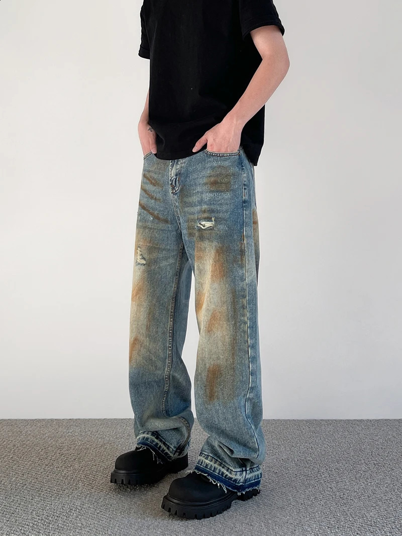 Dirty Holes Straight Jeans Punk Waste Soil Wash Splash Ink Brushing Paint Raw Edge Y2k 241010