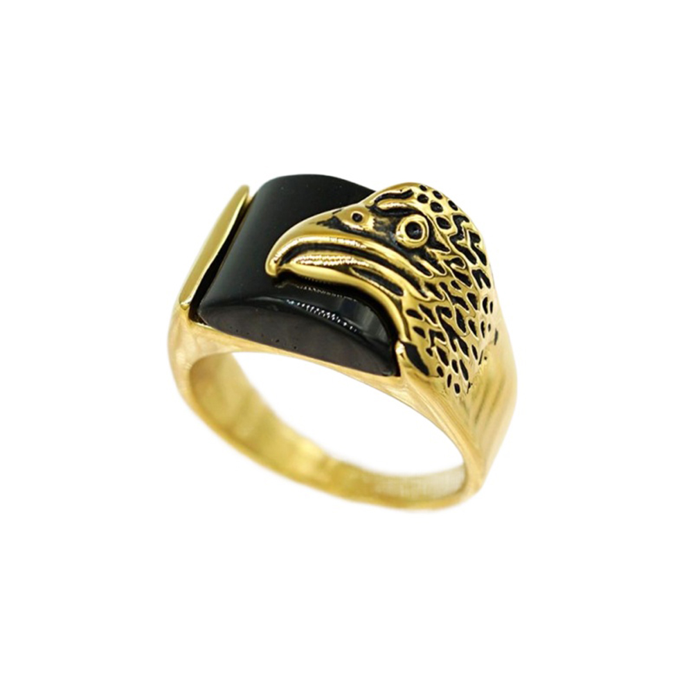 Hip Hop Hawk Head Black Agate Casting Ring Stainless Steel 18k Gold Plated Mens Jewelry
