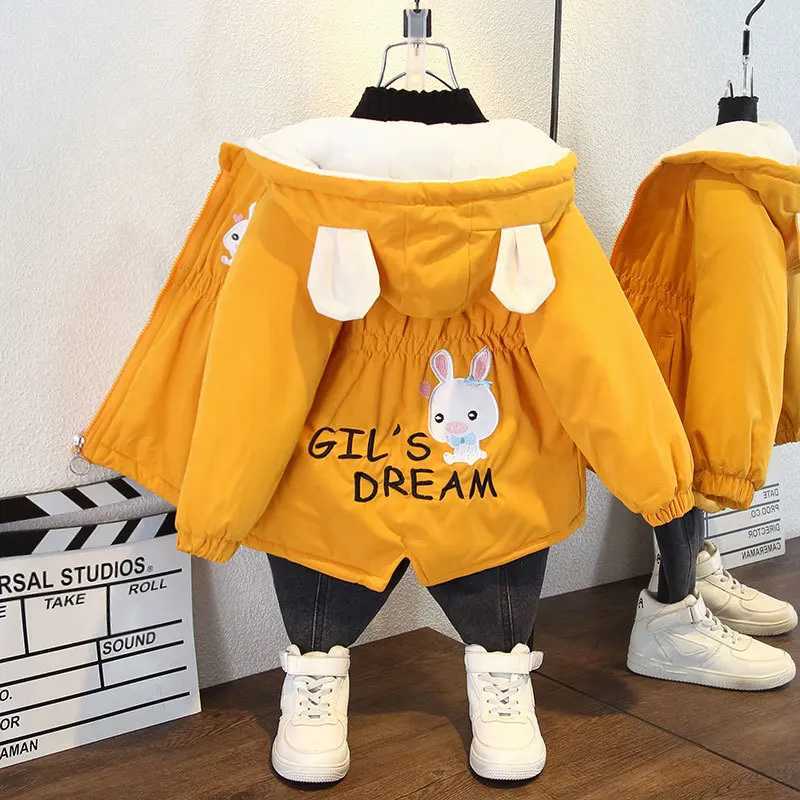 Fashion Girls Jacket with Velvet Autumn Girls Winter Coat Cartoon Rabbit Hooded Windproof Coat Childrens Clothing M241018