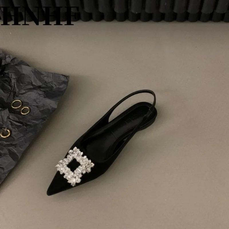HNHF Women design Sandals Fashion Rhinestone Slip on Flats Heels Ladies Pointed Toe Elegant Slingback Sandals Shoe