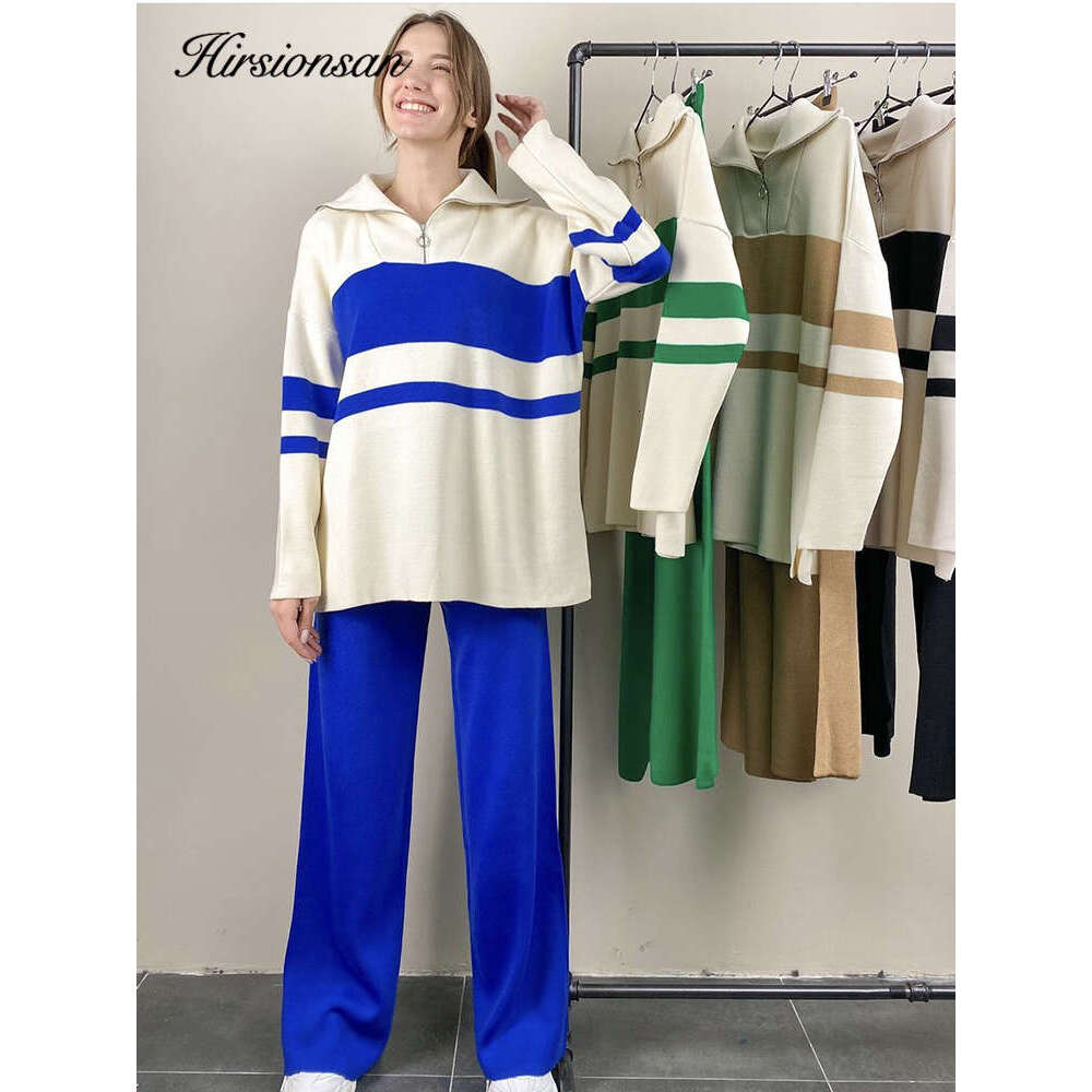 Hirsionsan Winter Cashmere Women Suits Soft 2 Pieces Cusual Female Sets Zipper Sweater & Loose Pants Knitted Outfit 2023