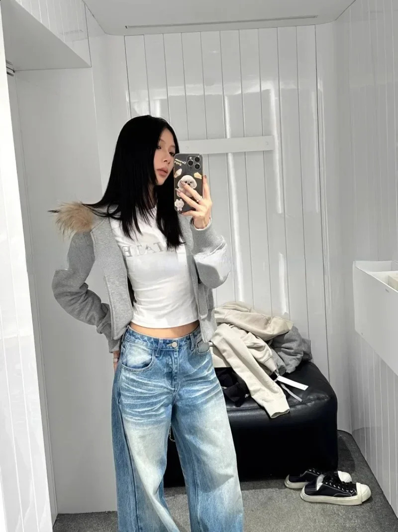 American Style Long Sleeve Gray Sweatshirts Detachable Fur Collar Hooded Cardigan Autumn Sweater Jacket for Women 241017