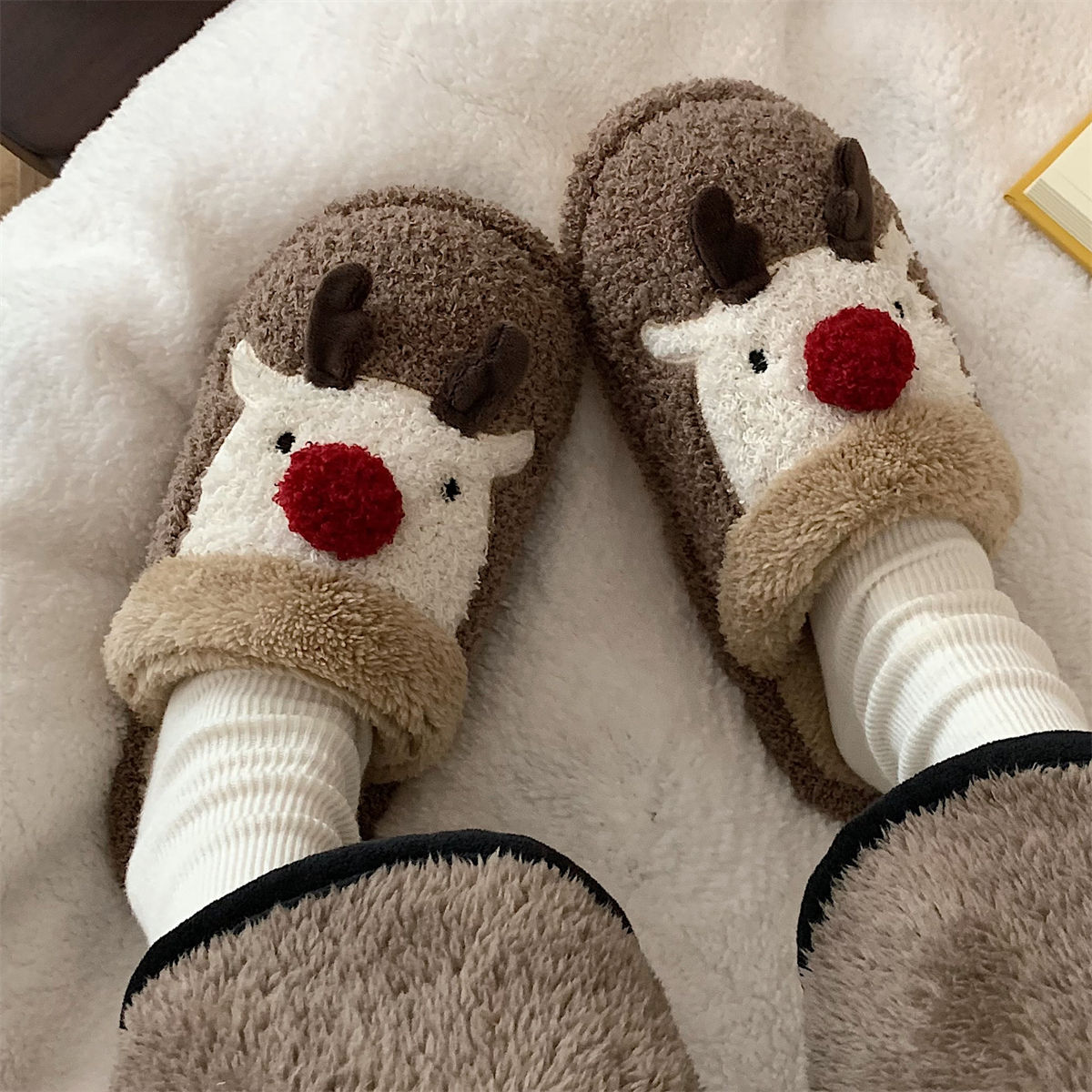Cute Deer Cartoon Cotton Slippers for Women - Soft Warm Plush Home Shoes
