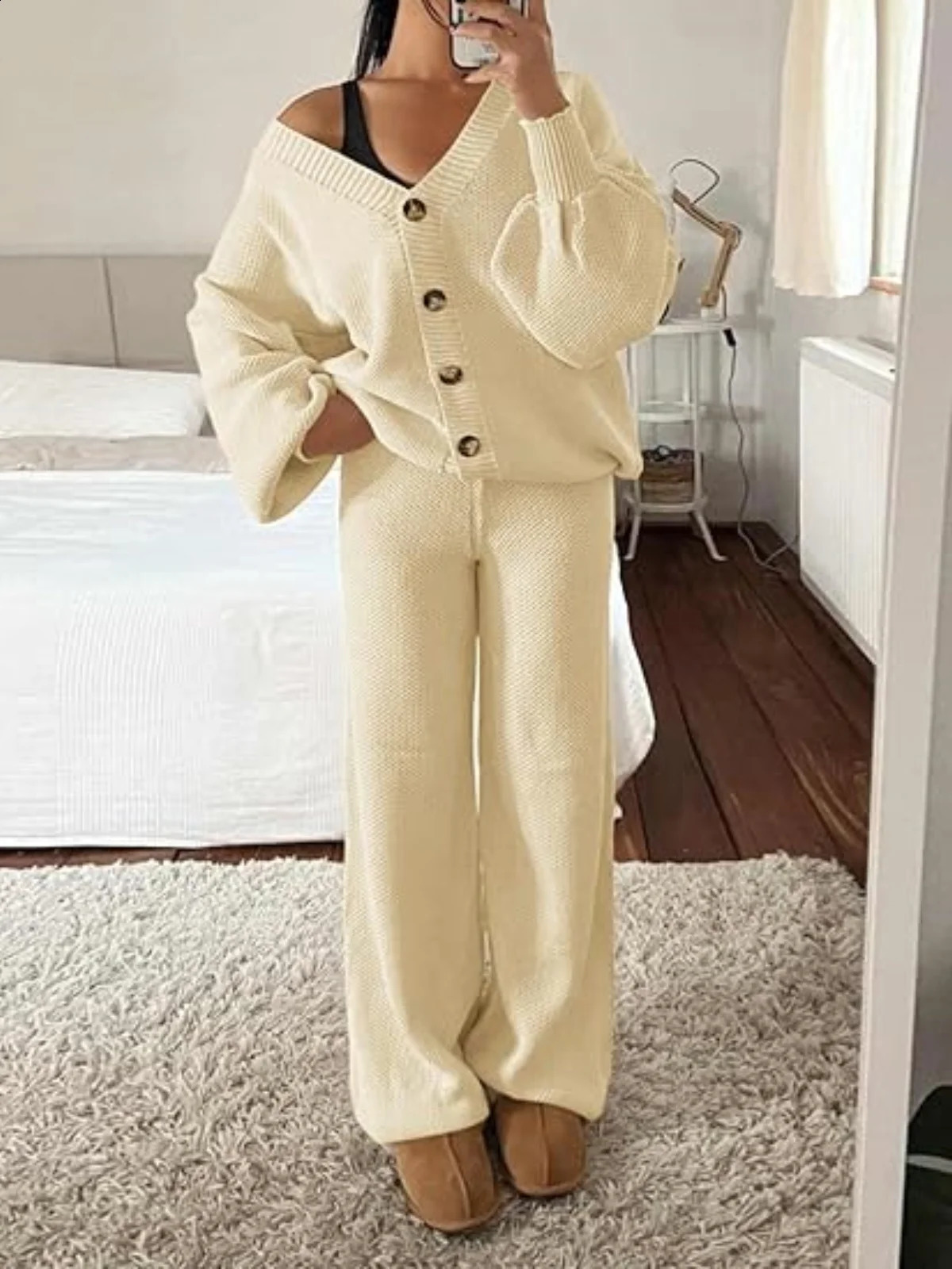 Solid Knit 2 Piece Sets Women Outfit V Neck Single Breasted Cardigan Sweater Tops Wide Leg Pants Casual Loose Fit Long Pant Sets 241017