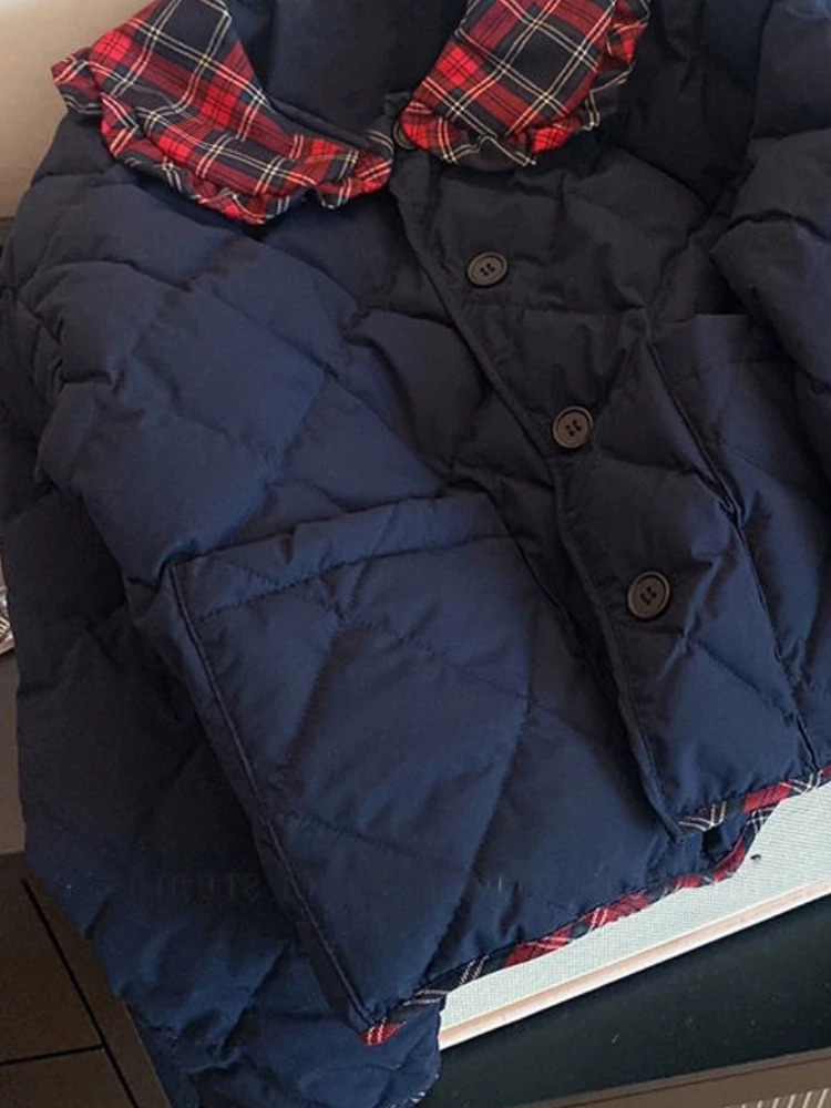 Preppy Doll Collar Warm Patchwork Coats Women Casual Pocket Tops Winter Short Loose Single Breasted Y2K All Match Parkas 241018